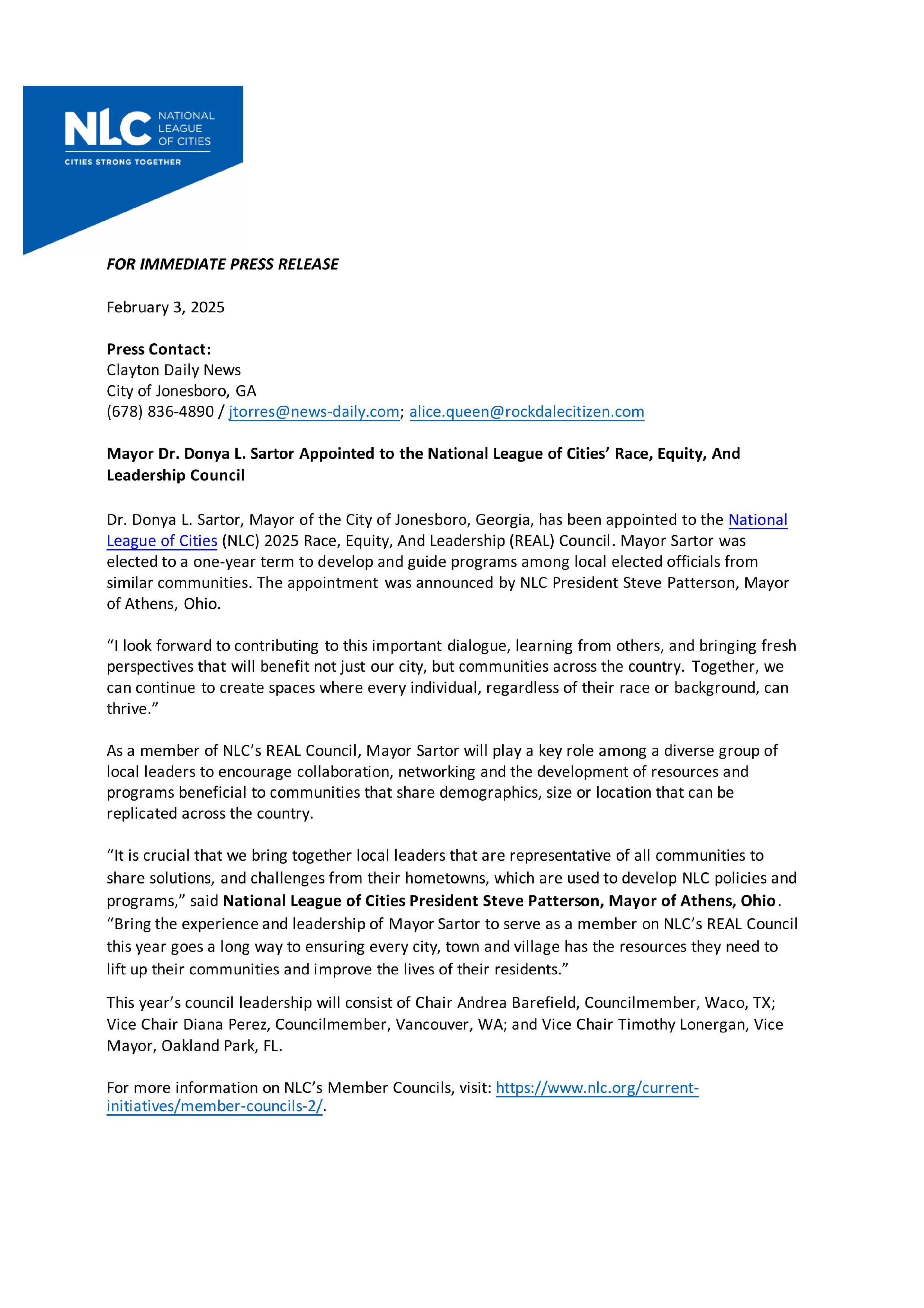 Mayor Dr. Donya L. Sartor Appointed to the National League of Cities' Race, Equity, And Leadership (REAL) Council.